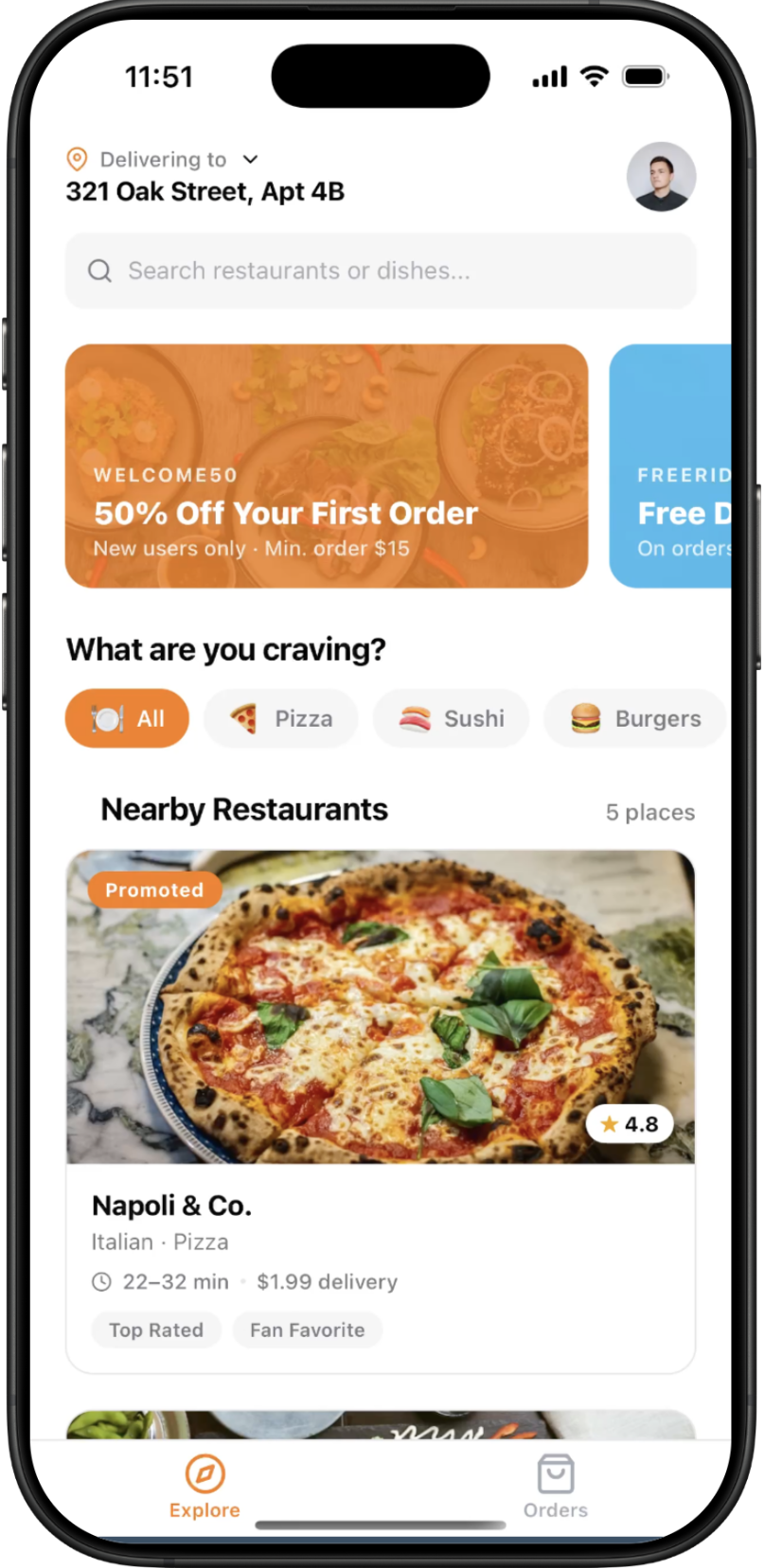 Food Delivery App — screen 1